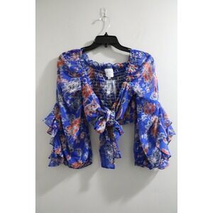 MISA Los‎ Angeles Floral Tie Front Crop Top Blouse Smocked XS Blue Red